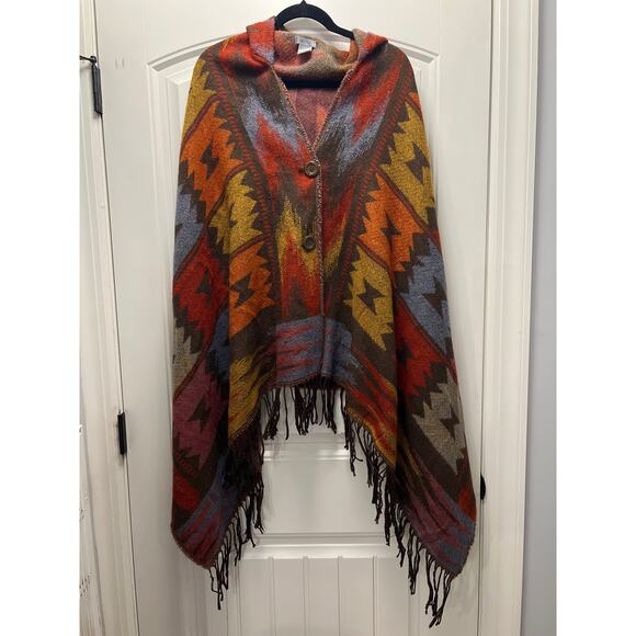 Euty Women’s Oversized Patterned Poncho w/ Hoodie Sweater One Size Red Orange - Picture 2 of 6